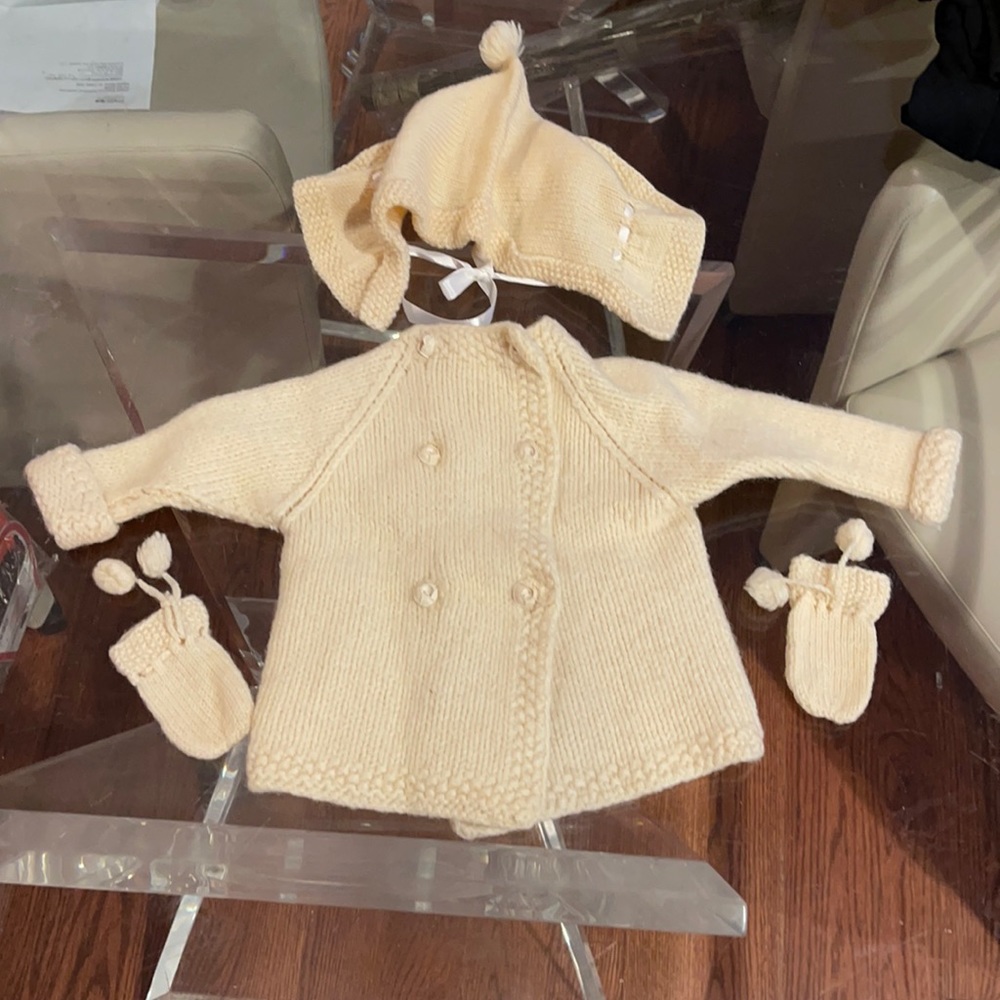 Baby beige knit jacket sweater,  hat with ribbon & mittens